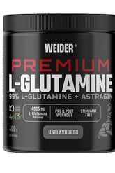 Weider Premium L-Glutamine 400g container, supports muscle recovery, unflavoured, 99% pure L-Glutamine.
